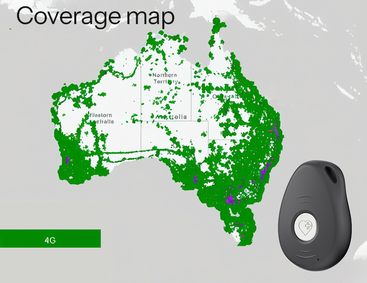 4GX Coverage Map of Australia showing 98.8% coverage with LiveLife Pendant device
