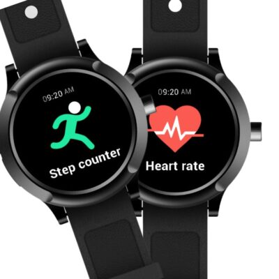 The Live Life Alarms medical watch with fall detection showing steps and heart rate monitor