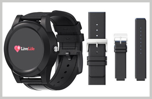 Black Leather LiveLife Mobile Watch with Fall Detect, Hands Free & GPS