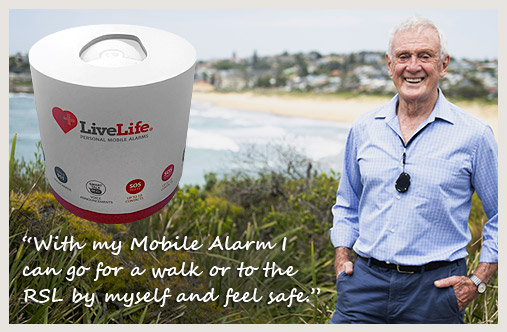 An elderly Australian dad walking on the park, wearing his live life alarm giving him peace of mind