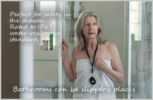 Showerproof emergency pendant with fall detection for seniors being worn in the shower