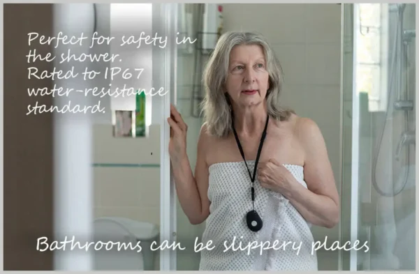 Showerproof emergency pendant with fall detection for seniors being worn in the shower