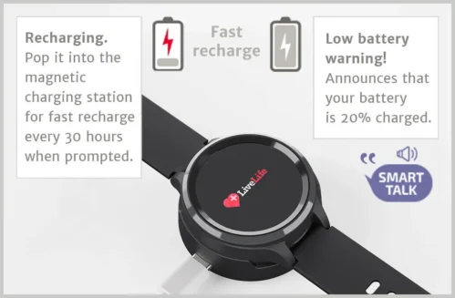 LiveLife Mobile Watch with fast charging and low battery warnings.
