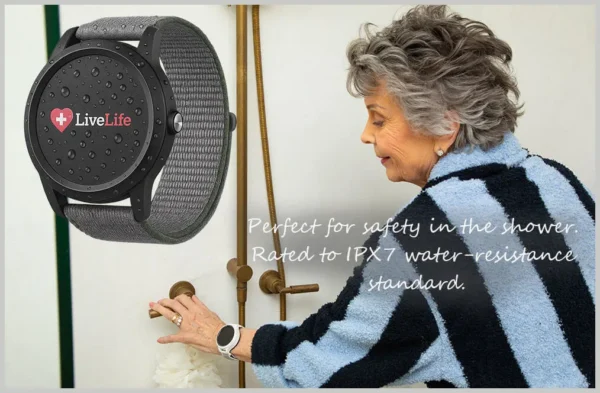 The watch is showerproof, so you can wear it in the shower without worry. Did you know that many falls and slips happen in the bathroom? With its built-in fall detection, the LiveLife watch can keep you safe while you shower. It's a smart choice to wear it!