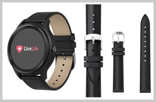 Black Live Life Alarm Watch With Slim Black Leather Wristband