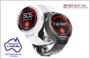 Personal SOS alarm watch for elderly showing Designed in Australia