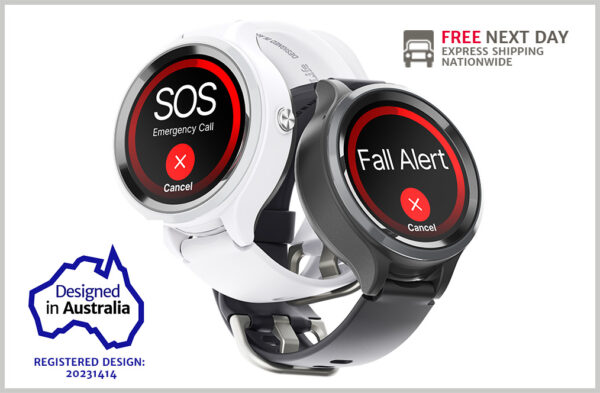 Personal SOS alarm watch for elderly showing Designed in Australia