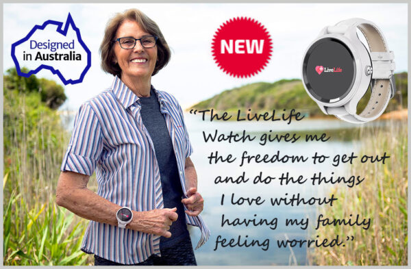 Mobile medical emergency seniors watch with fall alert and gps being worn by lady outside