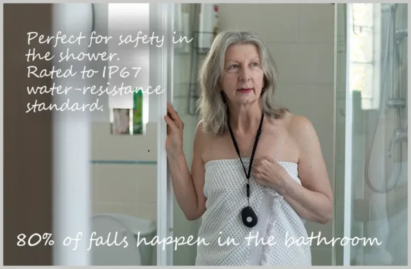 Showerproof emergency pendant with fall detection for seniors being worn in the shower