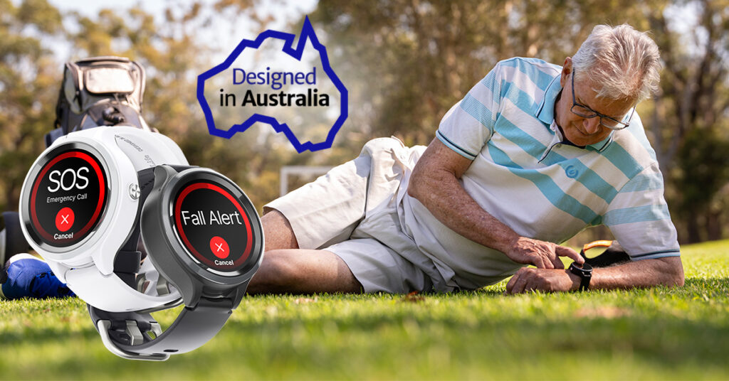 Elderly man using his personal medical alarm GPS watch.